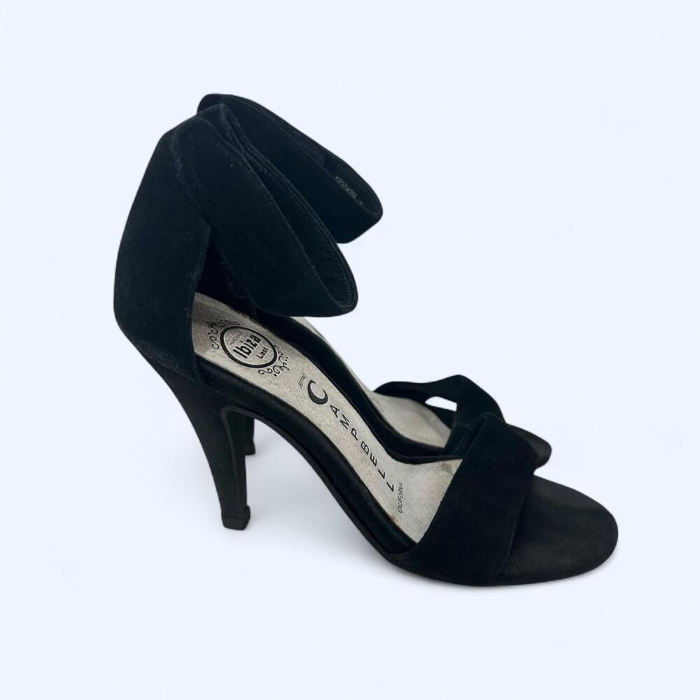 Black Suede Open Toe Stiletto Heels Wide Ankle Strap Sandals
